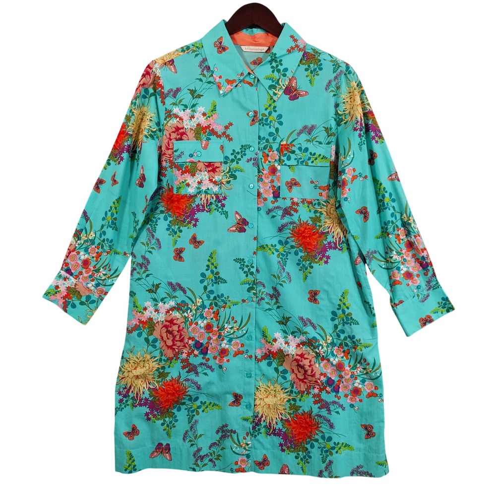 Soft Surroundings Tunic Women Medium Turquoise Floral Butterfly Cotton Shirt
